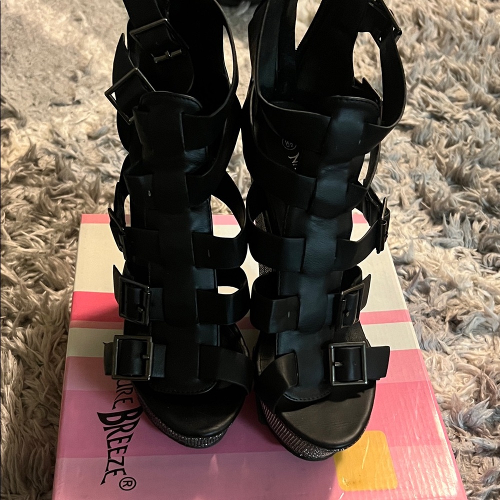 Nature Breeze Black Strappy Glitter Wedge Sandals - Picture 3 of 4